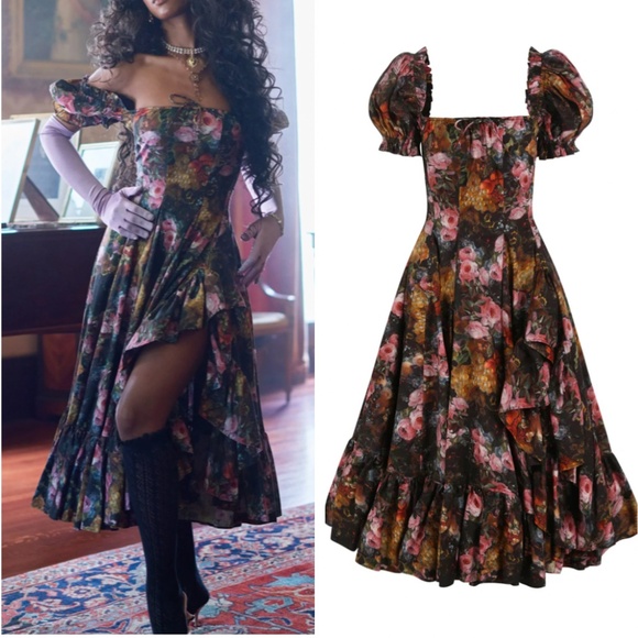 BEST NEW Selkie The Genevieve Foxglove Lace Up Midi Cotton Dress - Black Floral - Picture 2 of 13